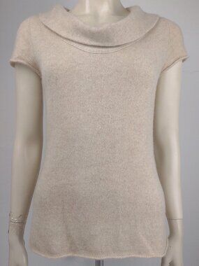 Tweeds beige tan 100% Cashmere short sleeve Cowl Neck sweater ladies Small